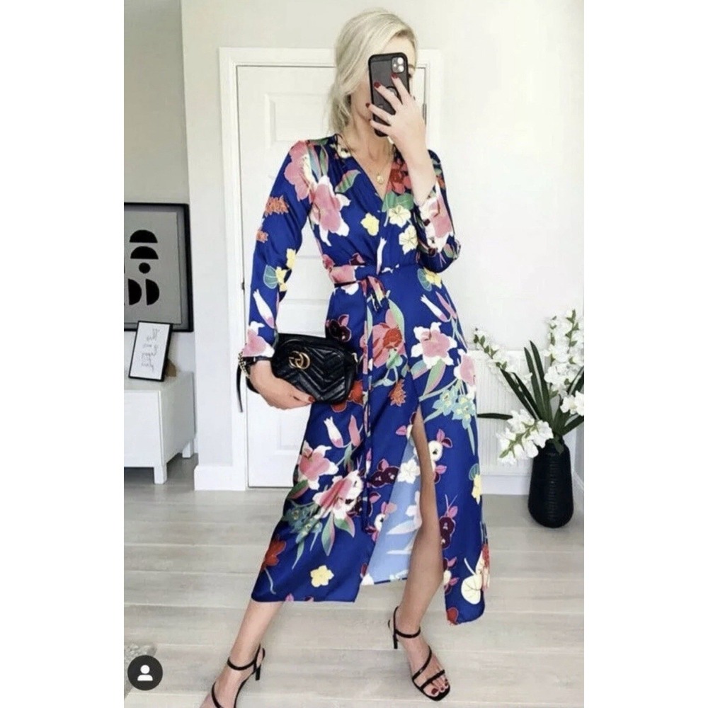 ZARA V-NECK FLORAL PRINT WRAP DRESS Or ROBE XS